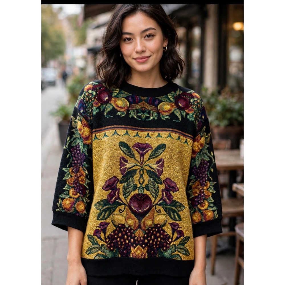 Sugar Street Weavers Vintage Tapestry Sweater Cotton Fruit Floral One Size USA